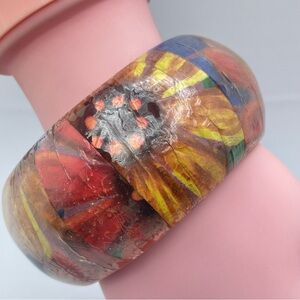 Vintage Wood Lucite Floral Bangle Bold Wide Statement Retro Bracelet